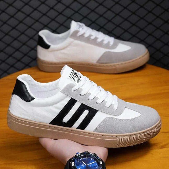 Men's Casual Canvas Sneakers White Black Board Shoe Style white canvas board sneakers with black stripes, round toe, lace-up, breathable cotton upper