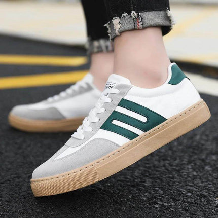 Men's Casual Canvas Sneakers White Black Board Shoe Style white canvas sneaker with green stripes, gum sole, breathable cotton upper, casual everyday shoe