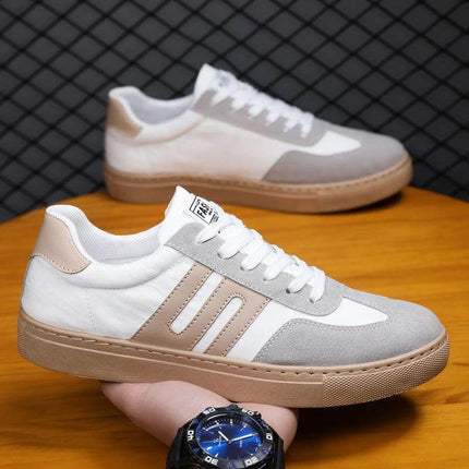 Men's Casual Canvas Sneakers White Black Board Shoe Style - white khaki canvas low-top with round toe and lace-up, breathable cotton upper