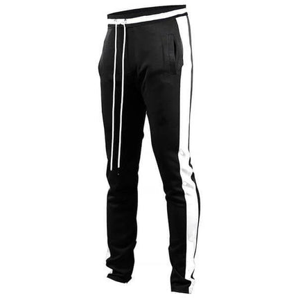 Men's Casual Cotton-Blend Leggings for Everyday Comfort - black slim-fit leggings with white side stripes and drawstring, soft polyester-cotton blend