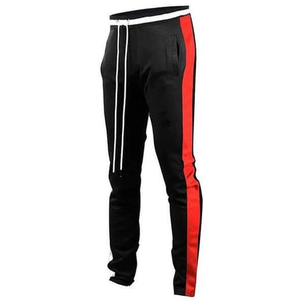 Men's Casual Cotton-Blend Leggings for Everyday Comfort - black slim-fit leggings with red side stripe, drawstring waist and tapered ankle
