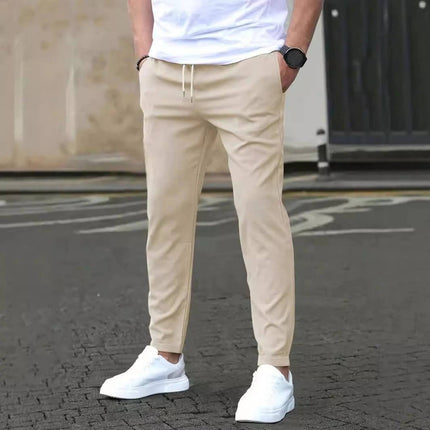 Casual Cropped Straight Pants For Leisure In Solid Black modeled in khaki cropped straight fit with drawstring for casual and office-casual looks