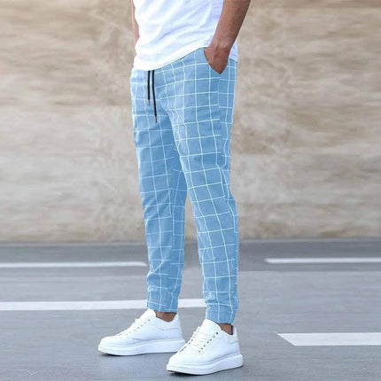 Casual Drawstring Mens Trousers Mid Waist Solid Color Youth — light blue grid straight-leg pants with adjustable drawstring waist for spring casual wear