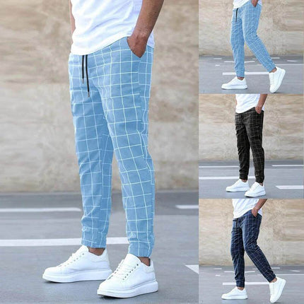 Casual Drawstring Mens Trousers Mid Waist Solid Color Youth in blue grid pattern, mid-waist straight-leg cotton blend with adjustable drawstring