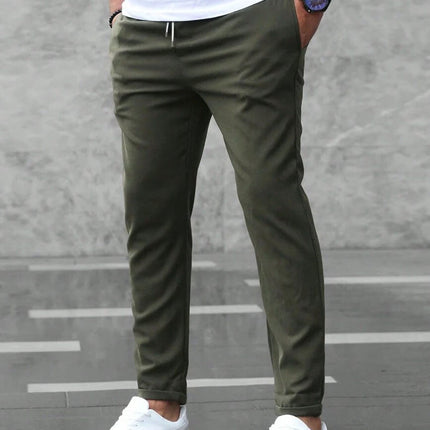 Men's Casual Drawstring Trousers With Pockets Slim Fit For Everyday Wear - olive slim mid-waist trousers with drawstring and pockets