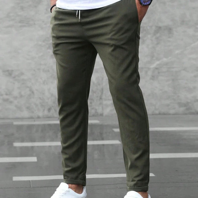 Men's Casual Drawstring Trousers With Pockets Slim Fit For Everyday Wear - olive slim mid-waist trousers with drawstring and pockets