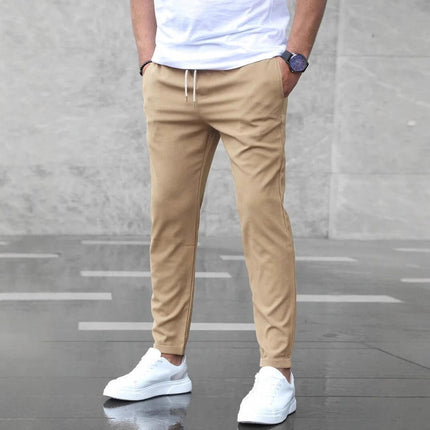 Men's Casual Drawstring Trousers With Pockets Slim Fit For Everyday Wear - beige slim mid-waist drawstring trousers with pockets
