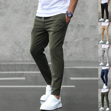Men's Casual Drawstring Trousers With Pockets Slim Fit For Everyday Wear - olive slim mid-waist drawstring pants with pockets