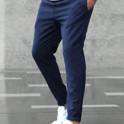 Men's Casual Drawstring Trousers With Pockets Slim Fit For Everyday Wear - navy slim mid-waist trousers with pockets and drawstring