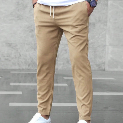 Men's Casual Drawstring Trousers With Pockets Slim Fit For Everyday Wear in beige mid-waist slim straight cut with drawstring and pockets, casual commute pants