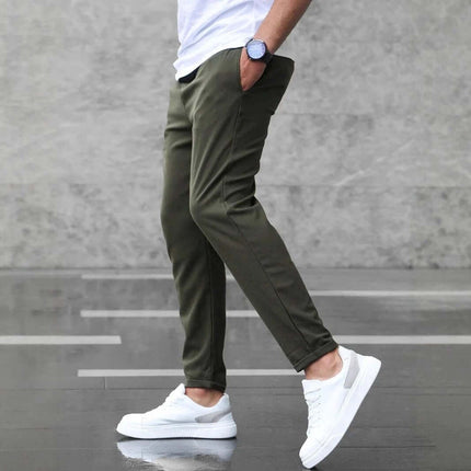 Men's Casual Drawstring Trousers With Pockets Slim Fit For Everyday Wear in olive green, mid-waist, slim straight cut with pockets