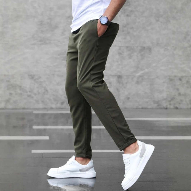 Men's Casual Drawstring Trousers With Pockets Slim Fit For Everyday Wear in olive green, mid-waist, slim straight cut with pockets