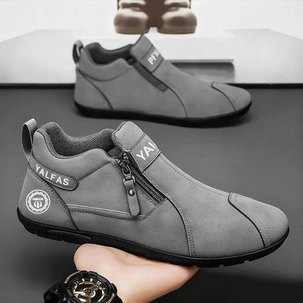 Men's Casual Low-Cut Shoes For Everyday Wear, Black - gray slip-on low-cut shoe with zipper, PU lining, flat heel for commuting and casual work