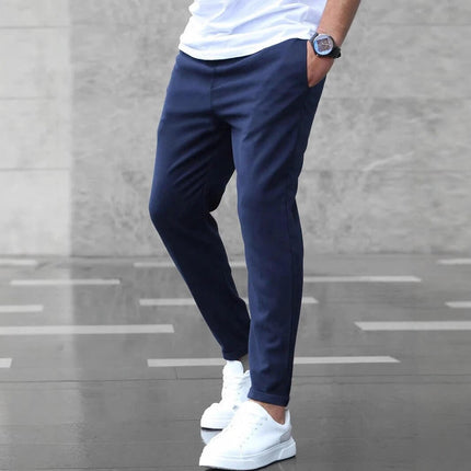 Men's Casual Drawstring Trousers With Pockets Slim Fit For Everyday Wear in navy slim straight cut with pockets and mid-waist drawstring