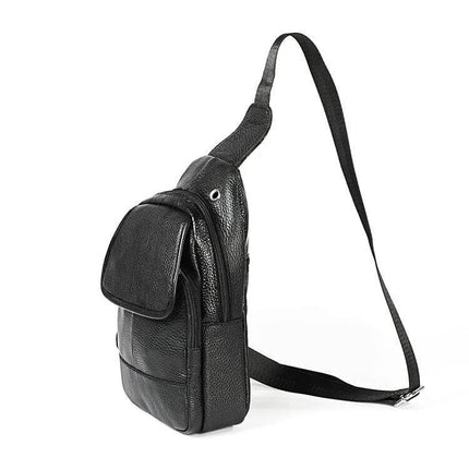 Casual One-Shoulder Crossbody Bag for Men in Full-Grain Cowhide black compact hands-free sling with front flap and adjustable strap
