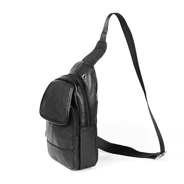 Casual One-Shoulder Crossbody Bag for Men in Full-Grain Cowhide black compact hands-free sling with front flap and adjustable strap