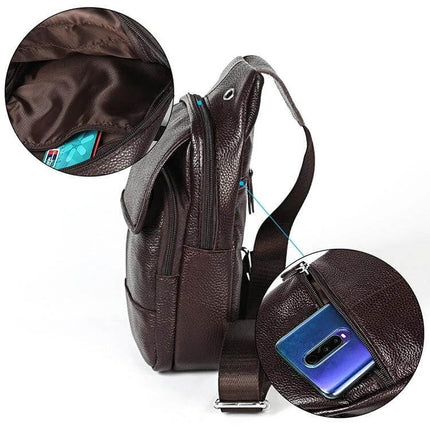 Casual One-Shoulder Crossbody Bag for Men in Full-Grain Cowhide showing brown leather sling with zip pockets and phone compartment