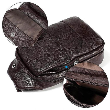 Casual One-Shoulder Crossbody Bag for Men in Full-Grain Cowhide compact dark brown leather sling with zipper pockets and durable pebbled finish