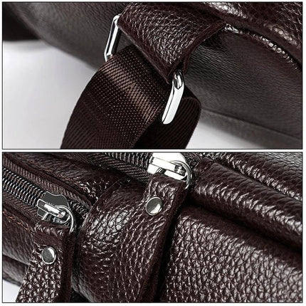 Casual One-Shoulder Crossbody Bag for Men in Full-Grain Cowhide close-up of dark brown pebbled leather strap, metal buckle and zipper details