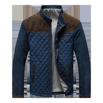 Casual Mens Plaid Cotton Jacket With Round Hem For Leisure - navy quilted shirt-jacket with brown yoke, round hem and slit pockets for casual layering