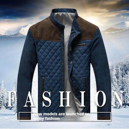 Casual Mens Plaid Cotton Jacket With Round Hem For Leisure - navy quilted shirt-jacket with brown yoke, round hem, long sleeves, slit pockets for casual layering