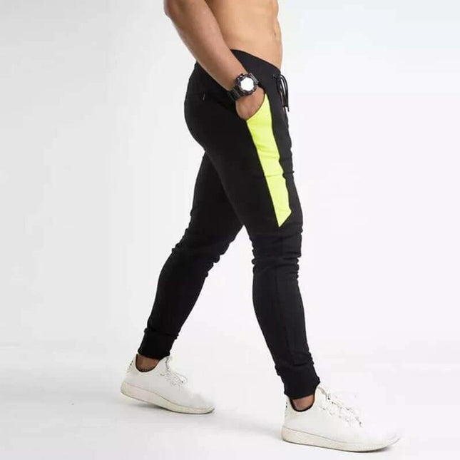 Men Training Pants Cotton Blend For Daily Running Wear — black slim mid-rise joggers with neon side panel, breathable cotton-blend for workouts and casual wear