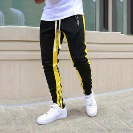 Men's Cotton Joggers for Everyday Casual Wear and Comfort - black joggers with yellow side stripes worn with white sneakers for casual commuting and lounging
