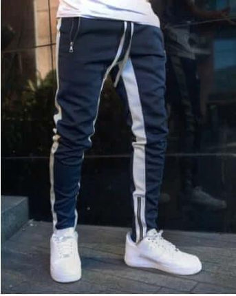 Men's Cotton Joggers for Everyday Casual Wear and Comfort - navy track-style joggers with white stripe and sneakers