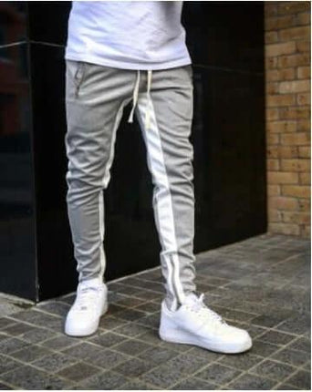 Men's Cotton Joggers for Everyday Casual Wear and Comfort - gray joggers with white side stripe, drawstring waist and sneakers
