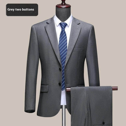 Men's Formal Wedding Suit Jacket Two Button Navy Blue - straight-fit wool two-button jacket with matching trousers on mannequin, dress shirt and tie