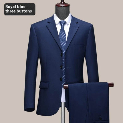 Men's Formal Wedding Suit Jacket Two Button Navy Blue straight-fit wool jacket with matching trousers on mannequin for weddings and formal events