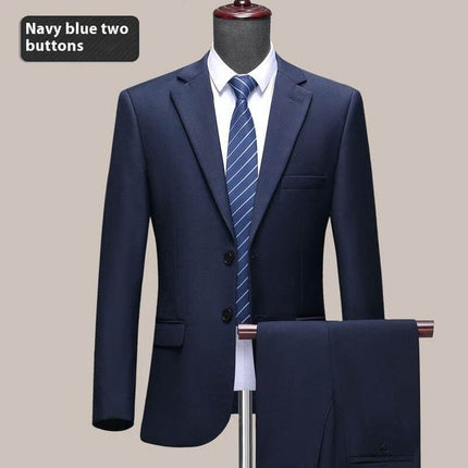 Men's Formal Wedding Suit Jacket Two Button Navy Blue straight-fit wool jacket with matching trousers on mannequin for weddings and workplace events
