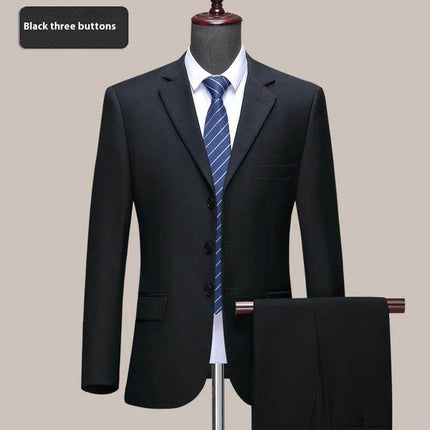 Men's Formal Wedding Suit Jacket Two Button Navy Blue displayed on mannequin with matching trousers, wool fabric and clean straight-fit silhouette for weddings
