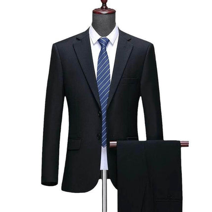Men's Formal Wedding Suit Jacket Two Button Navy Blue on mannequin with matching trousers and striped tie, wool blend straight-fit for weddings and work events