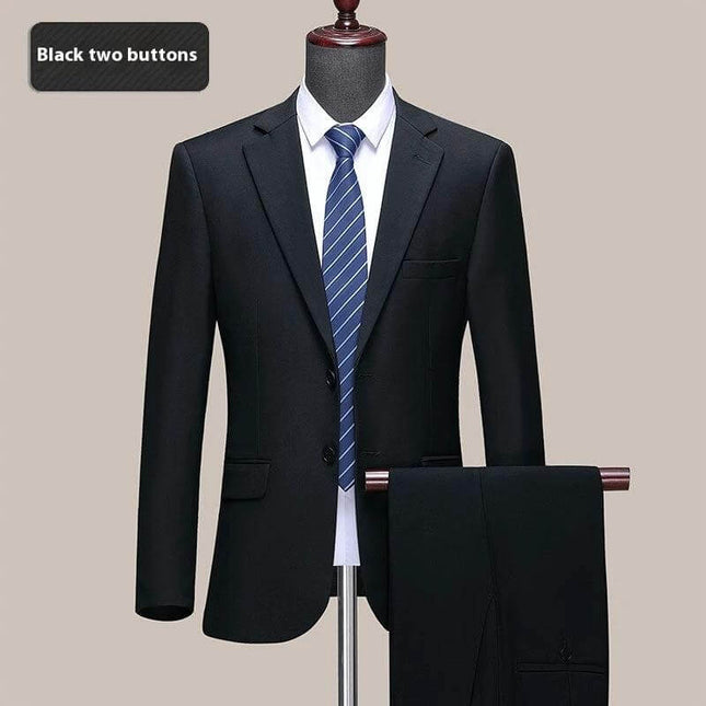 Men's Formal Wedding Suit Jacket Two Button Navy Blue straight-fit wool jacket with matching trousers on mannequin for weddings and workplace events