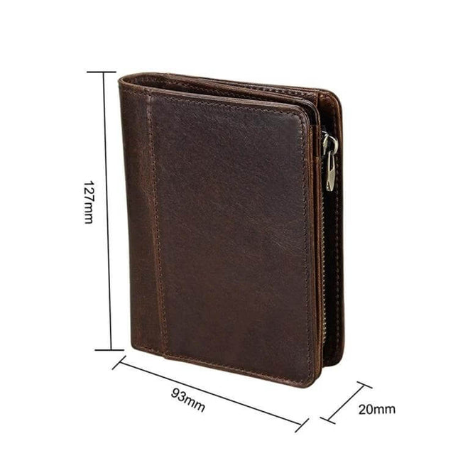 Leather Wallet Antimagnetic RFID For Men Everyday Use - brown genuine leather wallet with metal zipper, fits cards IDs cash, 127x93x20mm