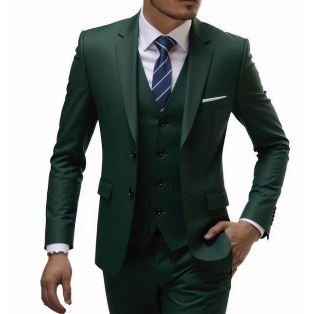 Men's Business Casual Slim Fit Suit For Wedding Parties - dark green three-piece slim fit suit with vest, white shirt and striped tie