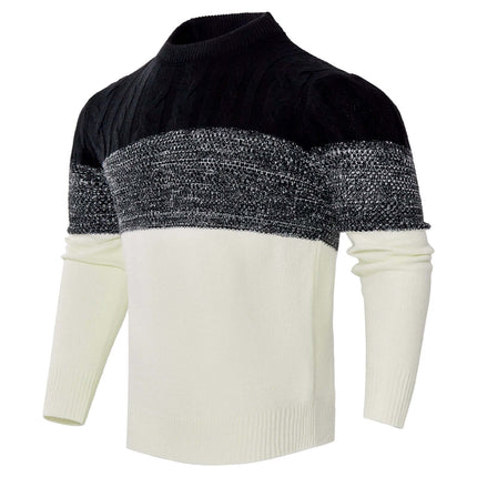 Men's Knitted Long-Sleeve Pullover Sweater For Casual Fall Wear - black, gray and cream colorblock crewneck with ribbed cuffs