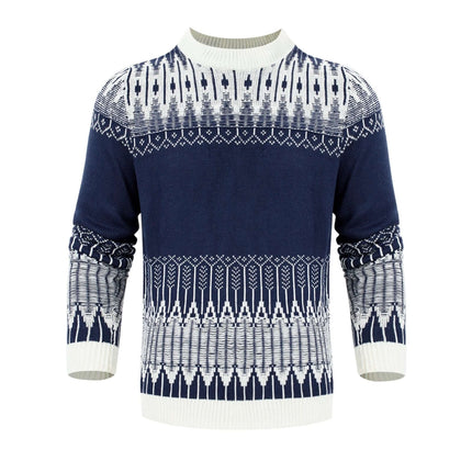 Men's Knitted Long-Sleeve Pullover Sweater For Casual Fall Wear - navy patterned crewneck with ribbed cuffs, tailored knit for everyday layering