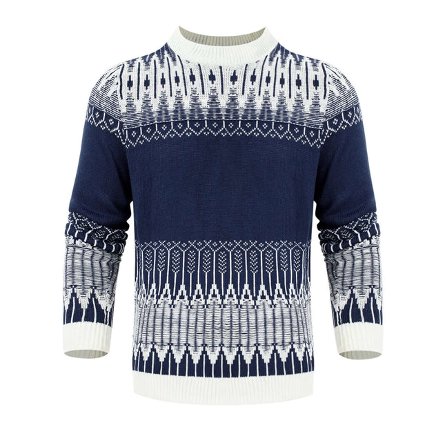 Men's Knitted Long-Sleeve Pullover Sweater For Casual Fall Wear - navy patterned crewneck with ribbed cuffs, tailored knit for everyday layering