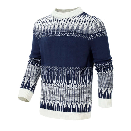 Men's Knitted Long-Sleeve Pullover Sweater For Casual Fall Wear - navy patterned crewneck with ribbed cuffs