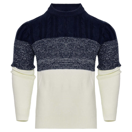 Men's Knitted Long-Sleeve Pullover Sweater For Casual Fall Wear - navy and cream colorblock crewneck with ribbed cuffs