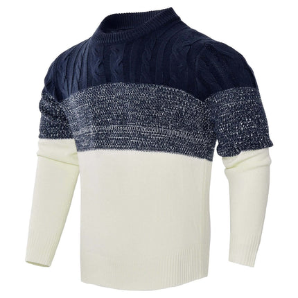 Men's Knitted Long-Sleeve Pullover Sweater For Casual Fall Wear - navy and cream colorblock knit with crew neck and ribbed cuffs