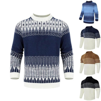 Men's Knitted Long-Sleeve Pullover Sweater For Casual Fall Wear - navy patterned crewneck knit, ribbed cuffs, versatile layering