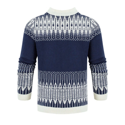 Men's Knitted Long-Sleeve Pullover Sweater For Casual Fall Wear navy patterned crewneck sweater back view