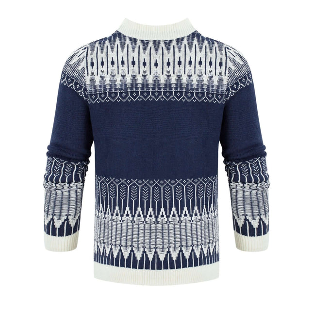 Men's Knitted Long-Sleeve Pullover Sweater For Casual Fall Wear navy patterned crewneck sweater back view