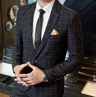 Men's Korean-Style Slim-Fit Plaid Suit For Weddings Blue worn with white shirt and black tie, modern slim silhouette for ceremonies and receptions