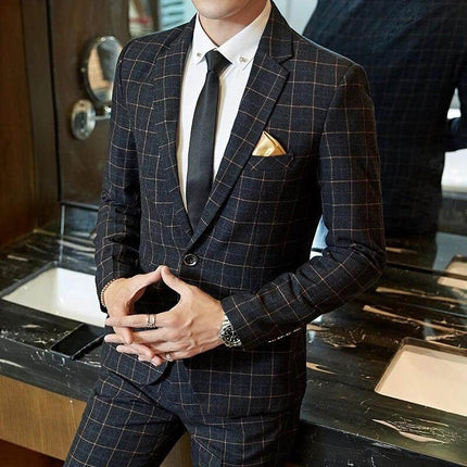 Men's Korean-Style Slim-Fit Plaid Suit For Weddings Blue - slim-fit blue plaid suit styled with white shirt, black tie and gold pocket square for weddings