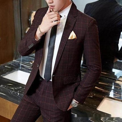 Men's Korean-Style Slim-Fit Plaid Suit For Weddings Blue worn by groom in bathroom mirror, paired with white shirt and black tie