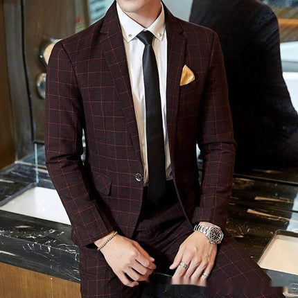 Men's Korean-Style Slim-Fit Plaid Suit For Weddings Blue - slim-fit blue plaid suit styled with white shirt, black tie and pocket square for weddings